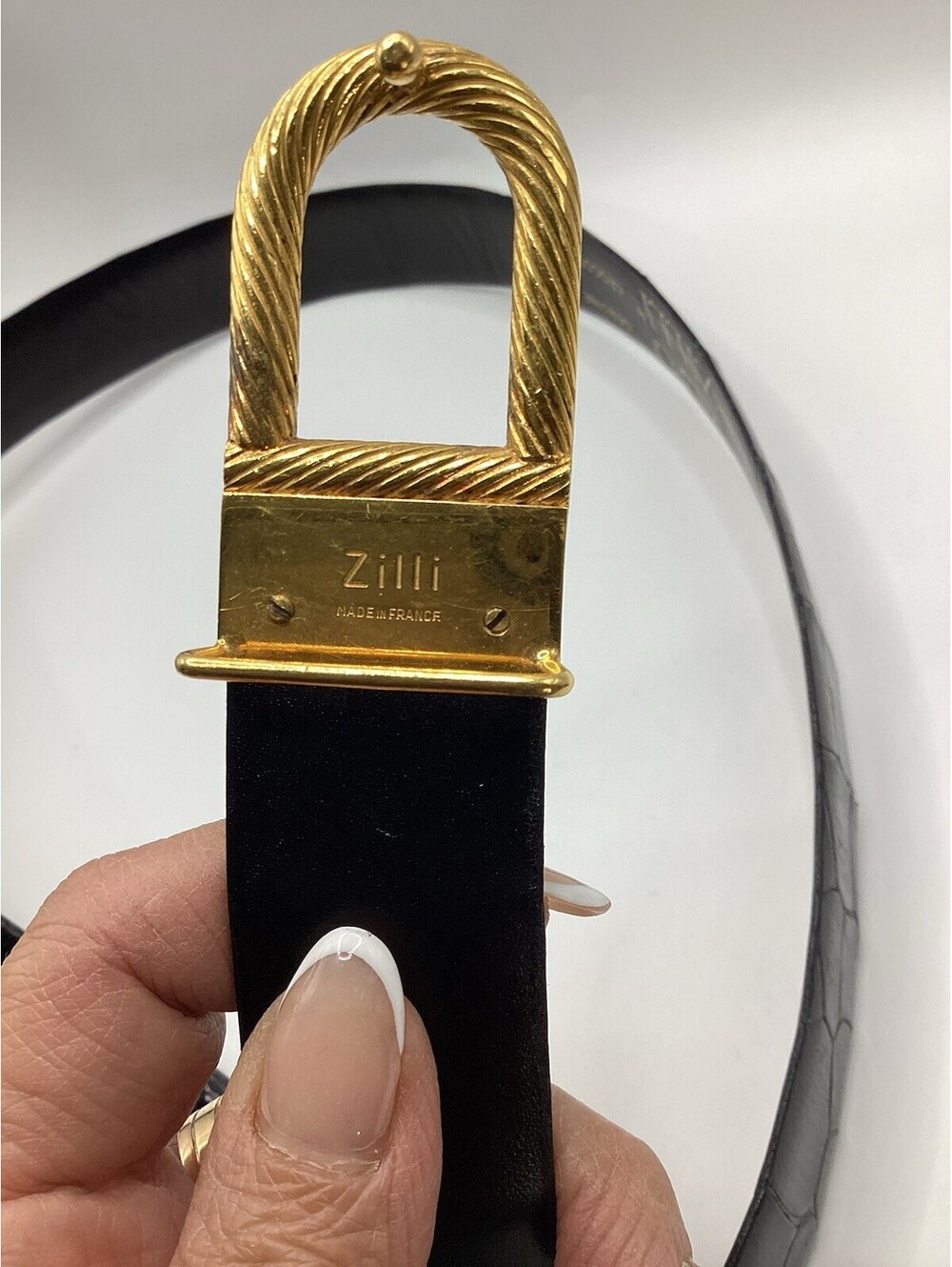 Zilli Mens Black Genuine Crocodile Leather Belt Gold Stirrup Buckle Made France
